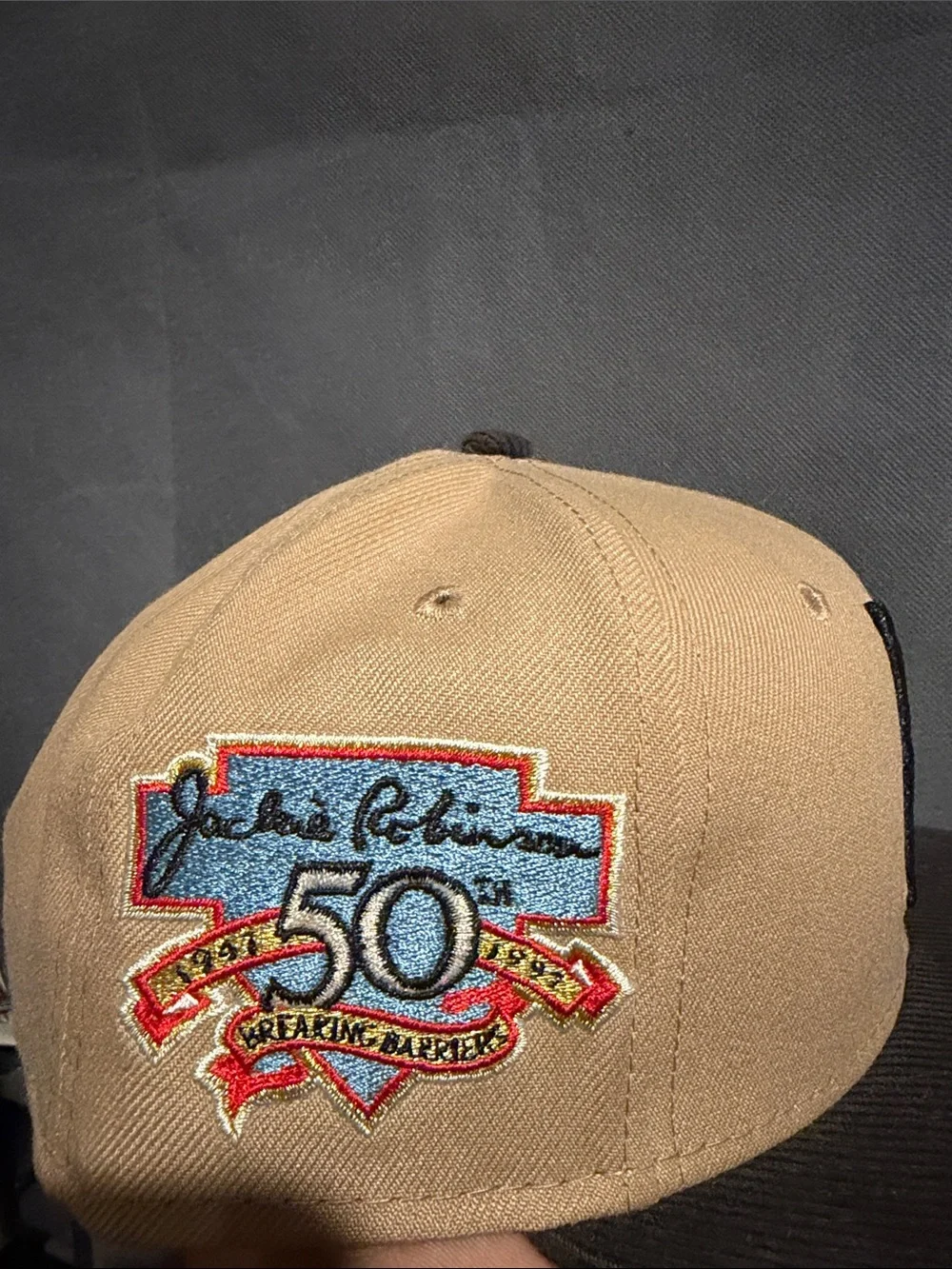 Men's Two-Tone Tan and Black Baseball Cap with Embroidered Jackie Robinson patch